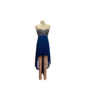 B. Smart Strapless Blue Chiffon Hi-Low Evening Dress With Gemstone Embellished B